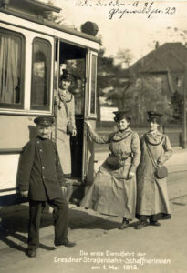The first journey by female tram guards, Dresden, 1915.