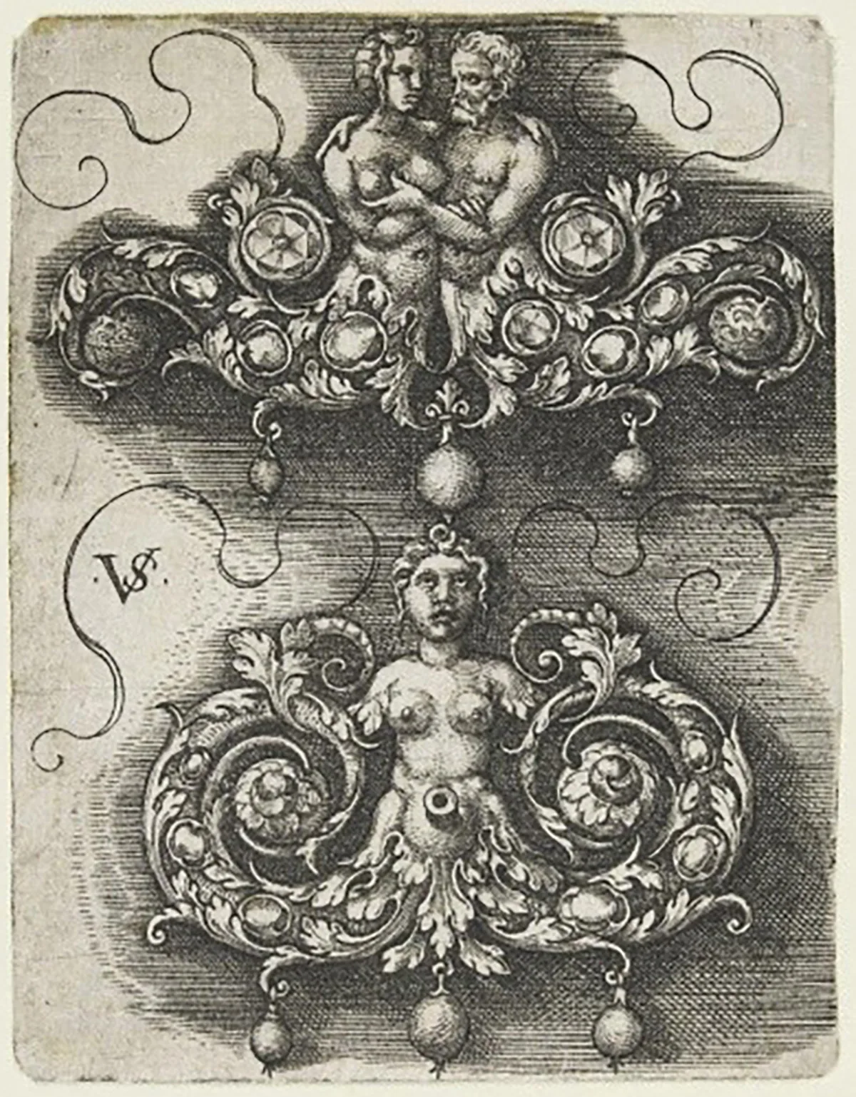 Ornamentaler Druck mit Meerjungfrau, Wassermann und Sirene von Virgil Solis, Nürnberg, 1530-1562.