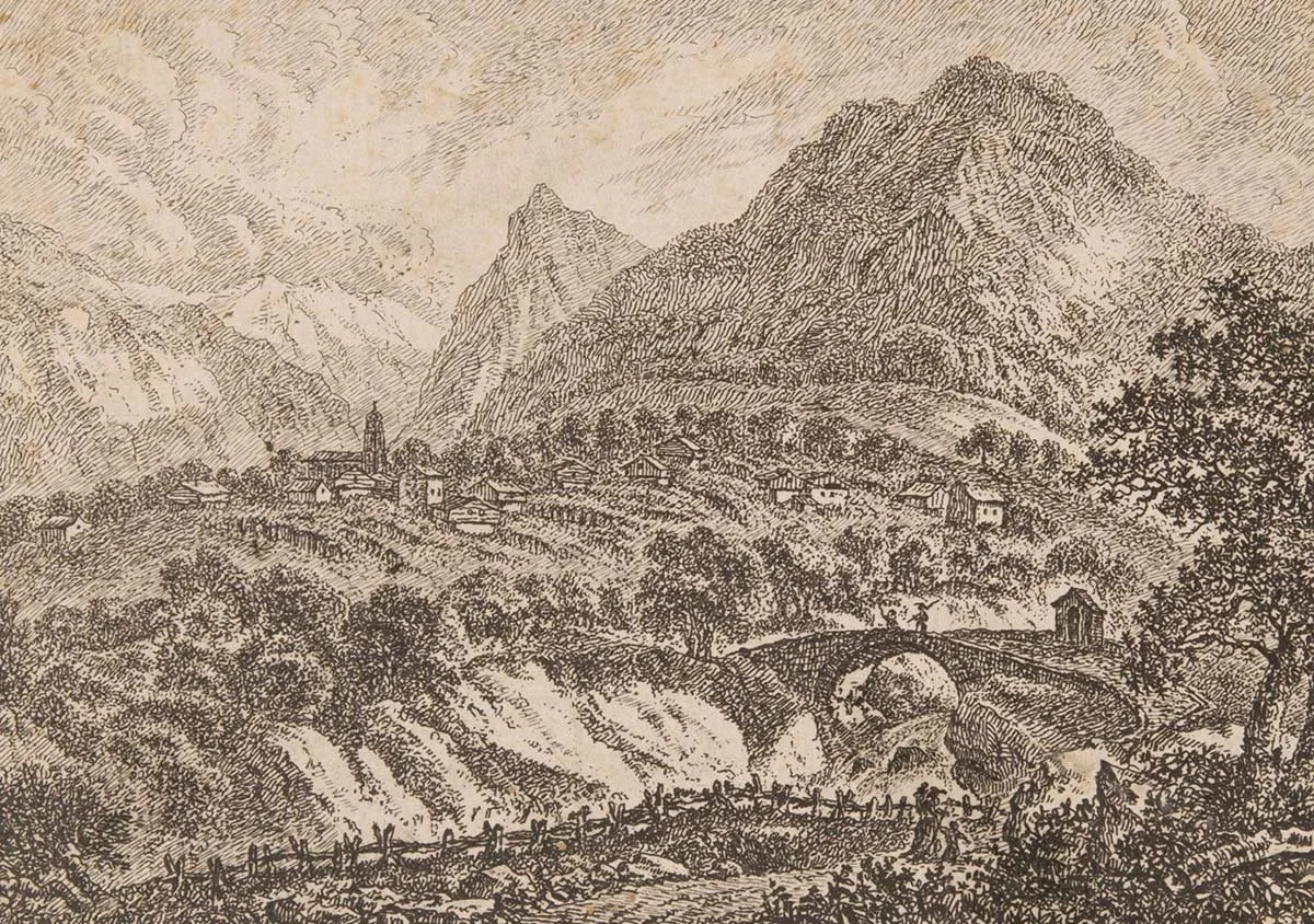 Kupferstich des Dorfs Dongio, nach einer Zeichnung von Ludwig Hess, um 1817.