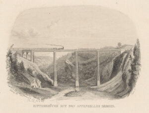 Sitterbrücke mit den Appenzeller Bergen. Druckgrafik von Johann Baptist Isenring, 1856.