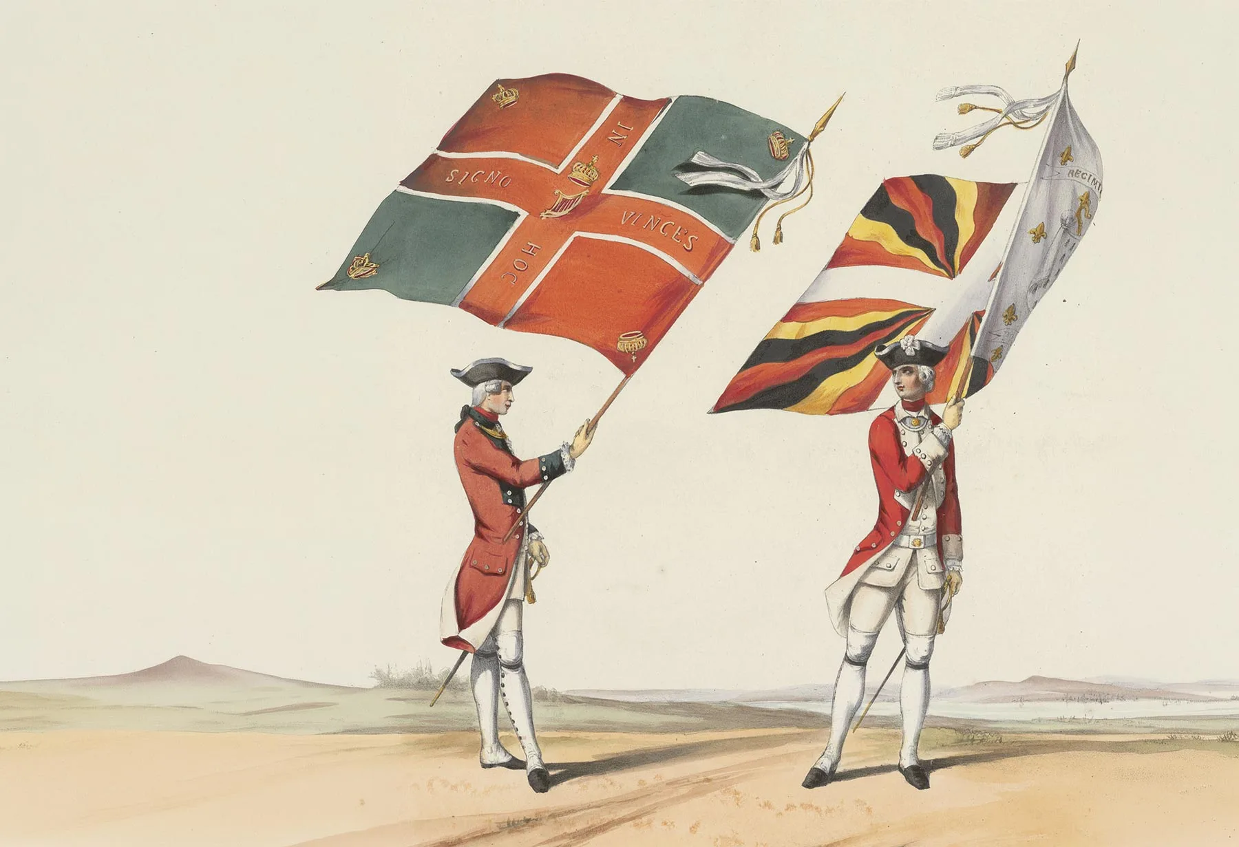 Banner tragenede Offiziere des irischen Regiments de Bulkeley und des Schweizerregiments von Eptingen, Druckgraphik aus dem Jahr 1772.