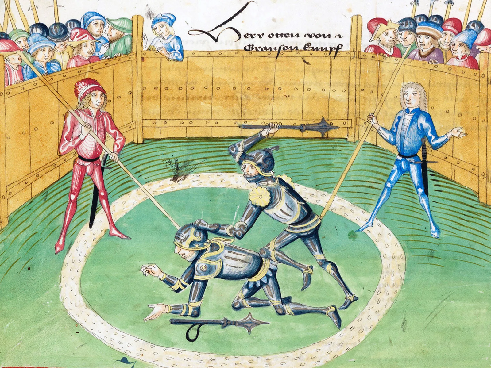 Duell zwischen Otto von Grandson und Gerhard von Stäffis, Darstellung um 1483 in der Amtlichen Berner Chronik von Diebold Schilling.