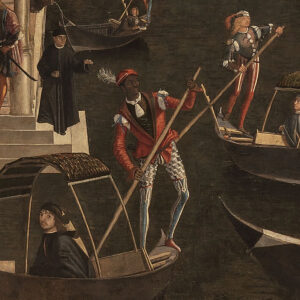 Black gondolier in the painting Miracle of the Relic of the Cross at the Ponte di Rialto, 1496, (detail).