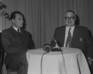 Friedrich Dürrenmatt (right) with publisher Marc Lamunière, 1958.