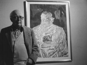 Dürrenmatt avec une de ses peintures, 1985.
