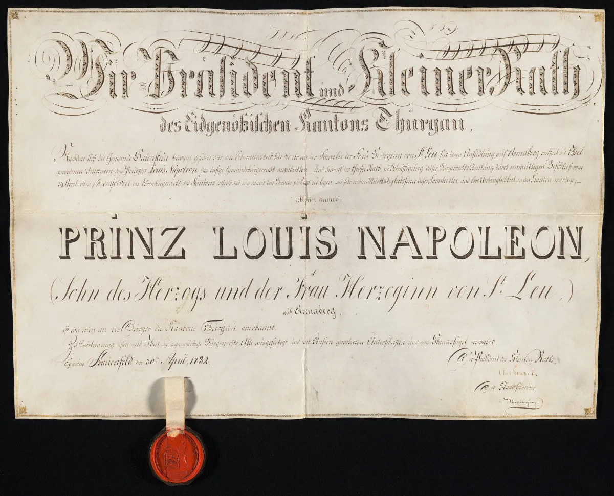 Thurgauer Ehrenbürgerurkunde für Louis-Napoleon, 1832.
