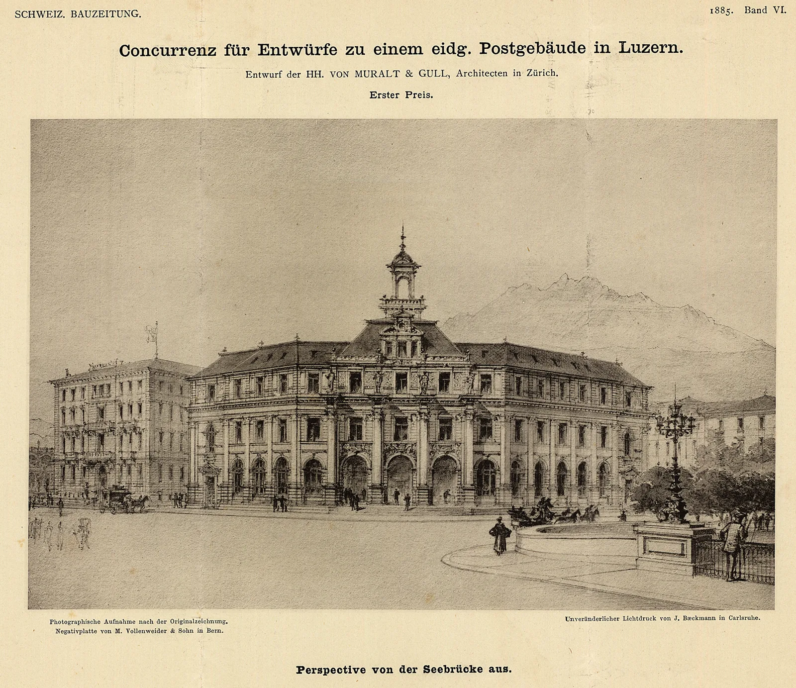 Eidgenössisches Postgebäude in Luzern, Wettbewerbsentwurf von Gustav Gull im gemeinsamen Architekturbüro mit Conrad von Muralt, 1885.