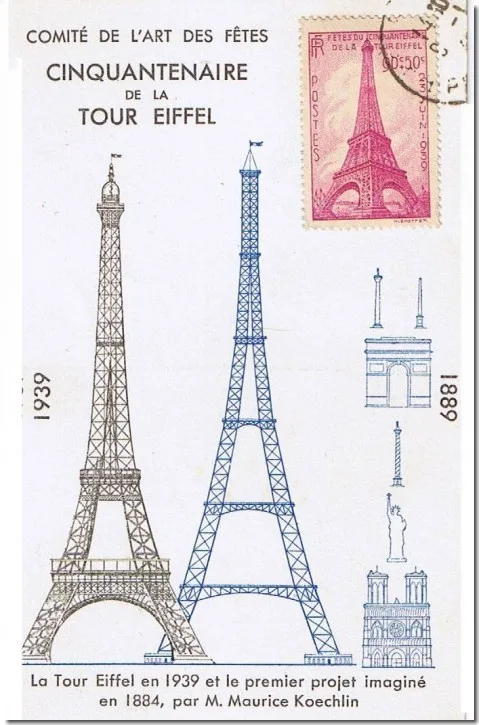 Postcard from 1939: to mark the 50th anniversary of the Eiffel Tower, Koechlin’s design sketches were published.