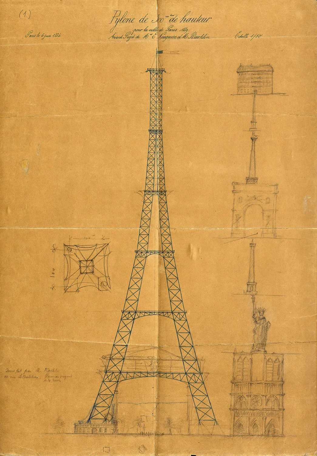 Pour illustrer la hauteur de la tour, Koechlin représente à ses côtés des monuments célèbres à l’échelle 1/50: Notre-Dame, l’Arc de Triomphe, la statue de la Liberté, les colonnes de la place Vendôme et de la Bastille, l’obélisque de la Concorde, un palais.