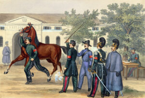 A dragoon with the vet in front of a riding school, ca. 1855.