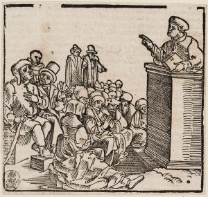 A clergyman preaching to the congregation. Woodcut by Jörg Breu, around 1525.