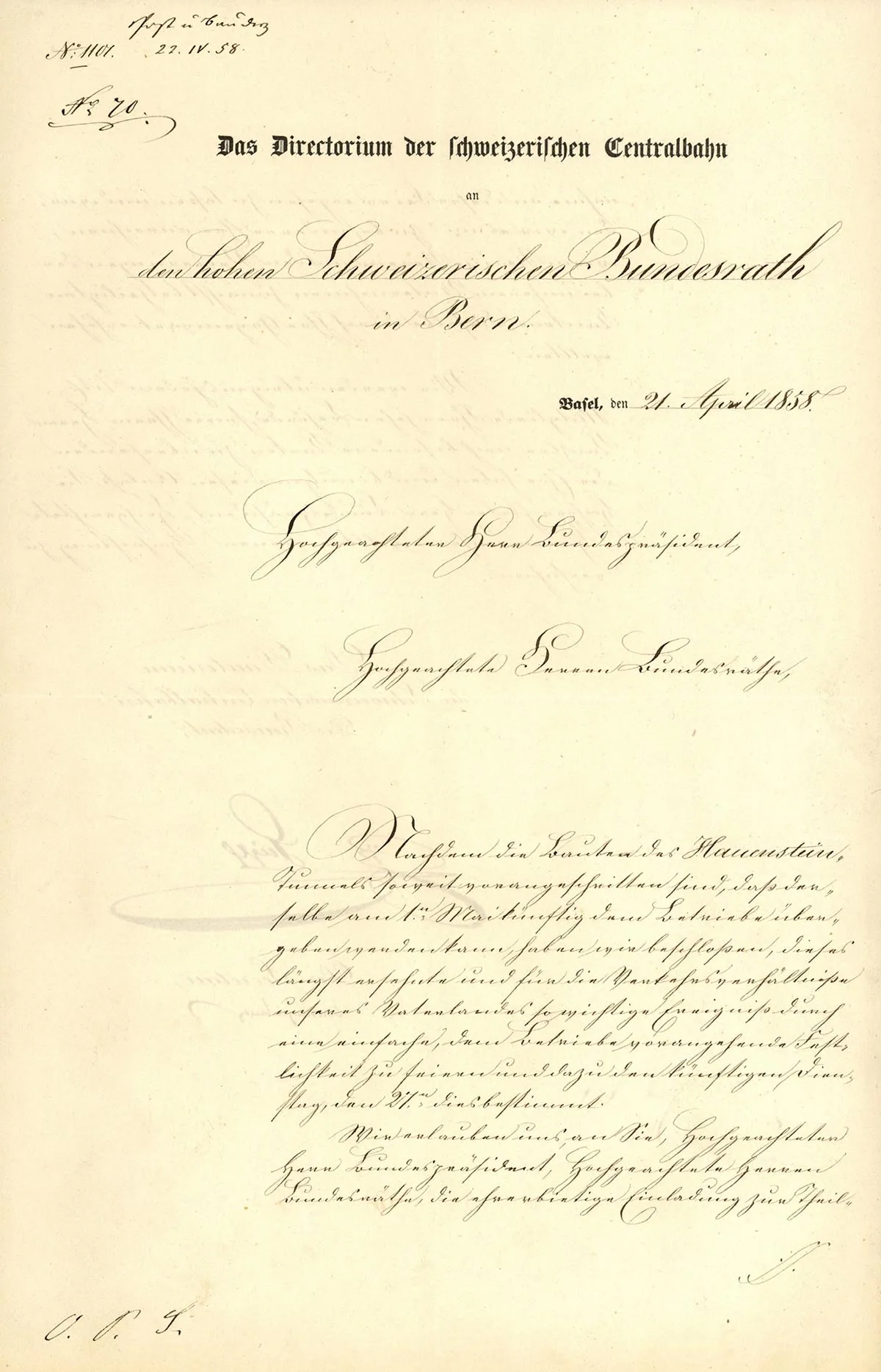 Einladung der Schweizerischen Centralbahn an den Bundesrat zur Teilnahme an der offiziellen Eröffnung des Hauensteintunnels, 1858.