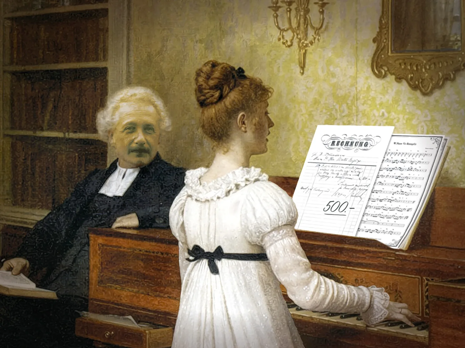 Albert Einstein verhalf der Klavierlehrerin Rosa Schmid zu ihrem Recht. Illustration von Marco Heer.