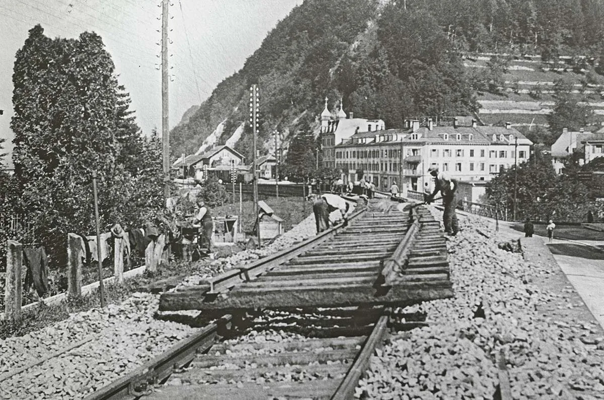 Die aufkommende Eisenbahn in der Schweiz braucht viel Ressourcen wie Holz für die Schwellen. Dafür werden unzählige Bäume gefällt.