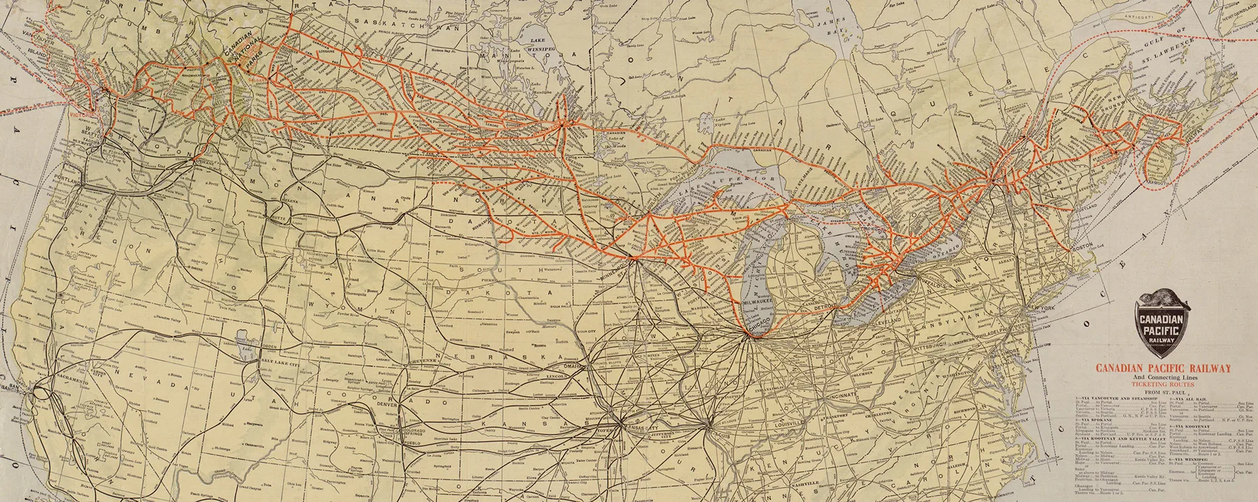 Die roten Linien zeigen das Netzwerk der Canadian Pacific Railway um 1912.