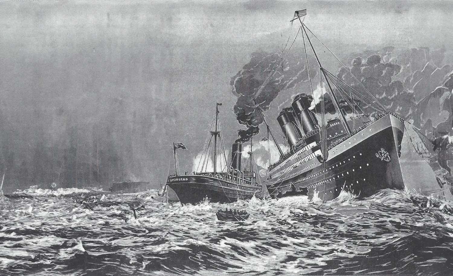 Illustration der Kollision aus dem Christian Herald vom 11. Juni 1914. Mit KI erweitert.
