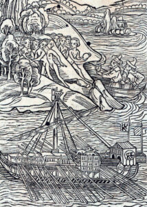 Lithographie illustrant le premier carnet de voyage de Christophe Colomb, Epistola de insulis nuper inventis, 1493.