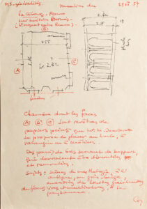 Surveying the room dimensions of the salon in situ. Dimensional sketch by Maurice Jeanneret, with added notes by another person, 29 March 1957.