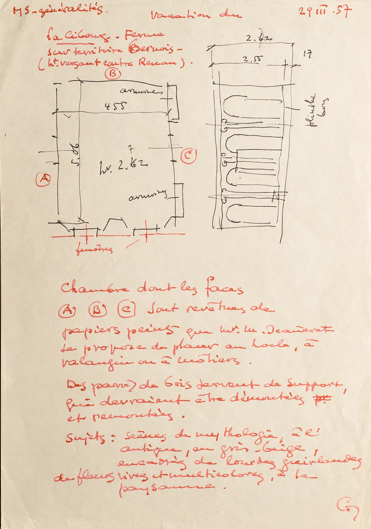 Erhebung der Raummasse des Salons in situ. Massskizze von Maurice Jeanneret, ergänzt um Vermerke von einer weiteren Person, 29. März 1957.