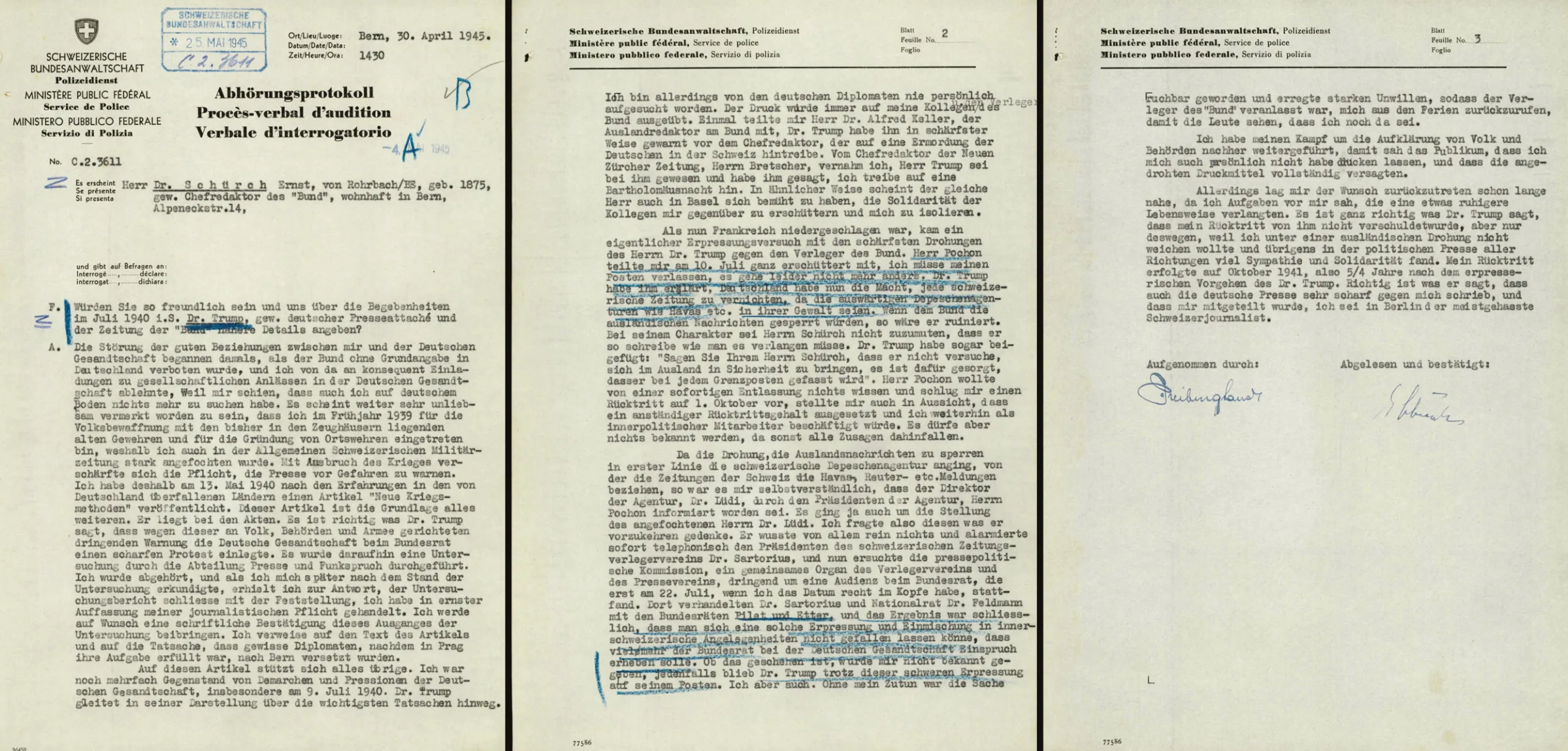 Protokoll einer Anhörung von Ernst Schürch. Darin schildert er die Vorkommnisse von 1940 und seine Beziehung zu Georg Trump.