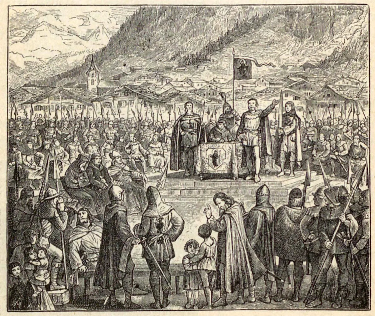 Darstellung der ersten freien Landsgemeinde von Glarus von 1387.