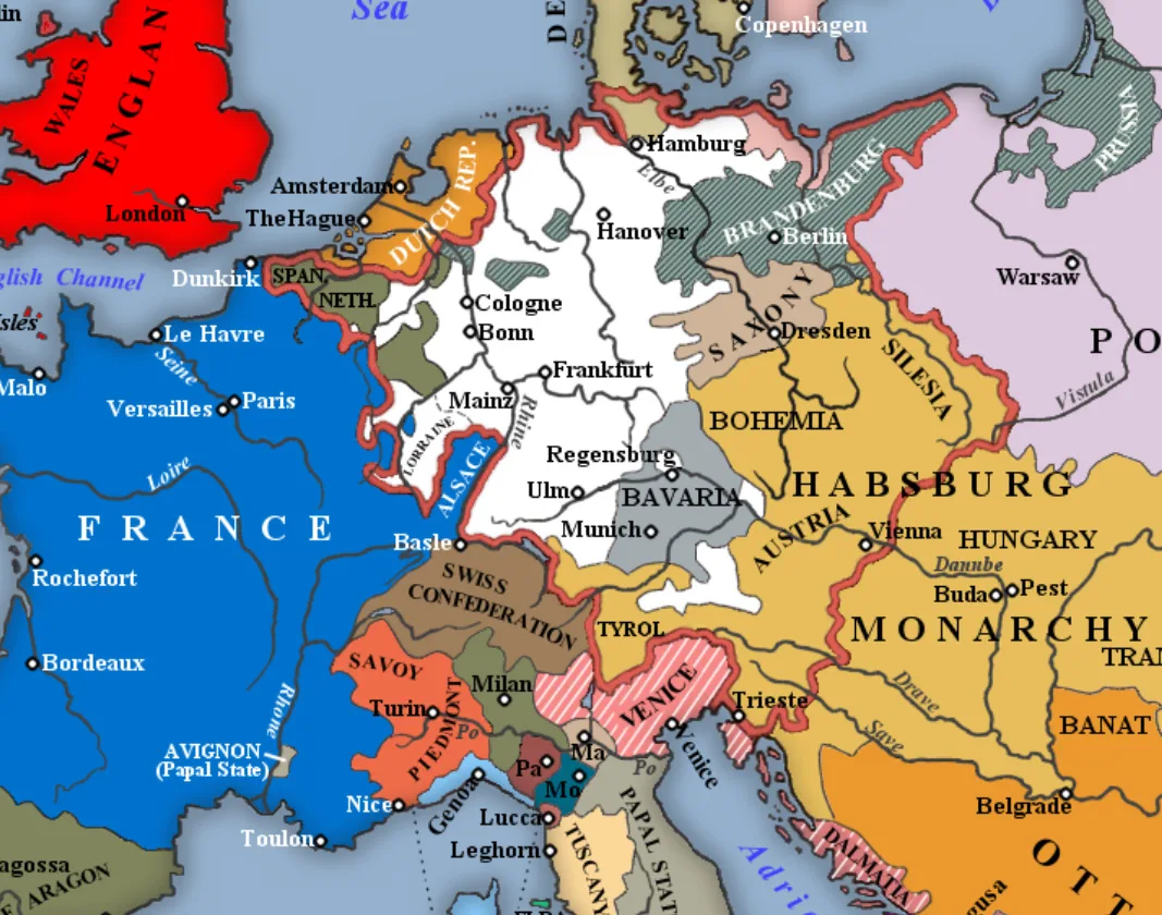 Europa um 1700. Auf der Karte ist mit einer roten Linie umrundet das Heilige Römische Reich dargestellt. Es umfasst zahlreiche kleinere und mittlere, vor allem deutsche Herrschaften. An seiner Spitze steht ein von den Kurfürsten gewählter Kaiser, fast immer ist das ein Habsburger.