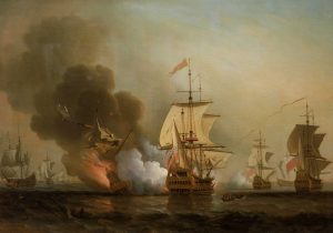 Ölgemälde von Samuel Scott (1702–1772), das die Explosion der «San José» darstellt.
