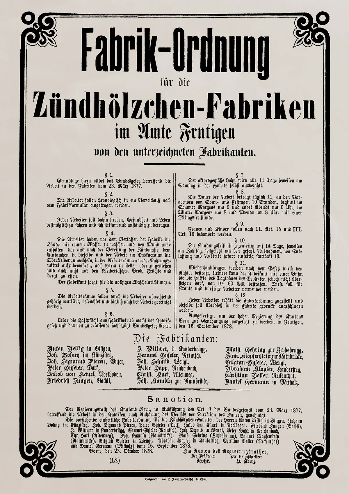 Die von den meisten Fabrikanten vereinbarte Fabrikordnung von 1878.