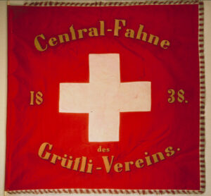Bestickte Fahne des Grütlivereins aus Seide, hergestellt 1888.
