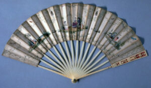 Folding fan by Johannes Sulzer, c. 1780 to 1790, signed. The fan leaf shows various genre scenes on its obverse.