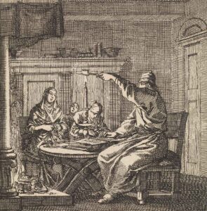 To ensure the flame continues to burn and the family isn’t left sitting in the dark: a man uses a pair of candle scissors to trim the wick of the candle. Etching by Jan Luyken, Amsterdam, 1711.