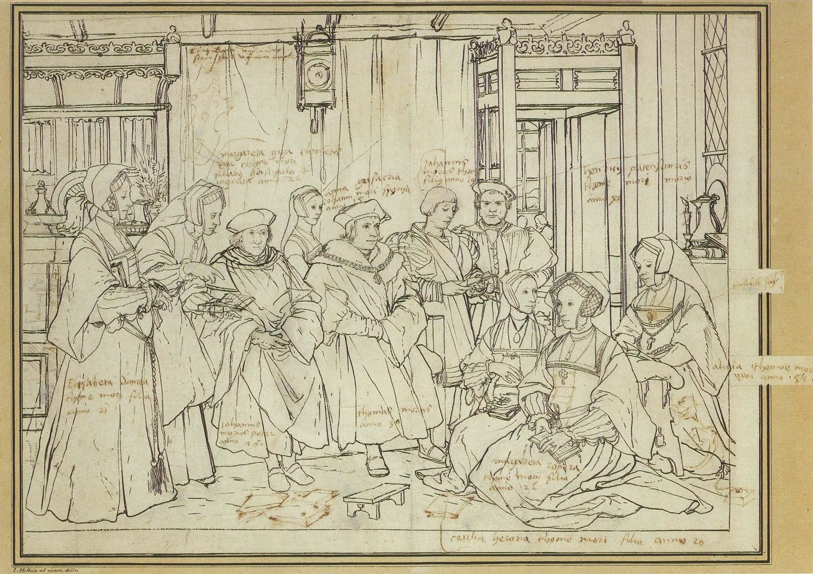 Die Familie von Thomas Morus, Zeichnung von Holbein (links), ca. 1527, gemalt von Rowland Lockey (rechts) nach Holbeins Entwurf, 1593. Holbeins Original wurde 1752 in einem Feuer zerstört.