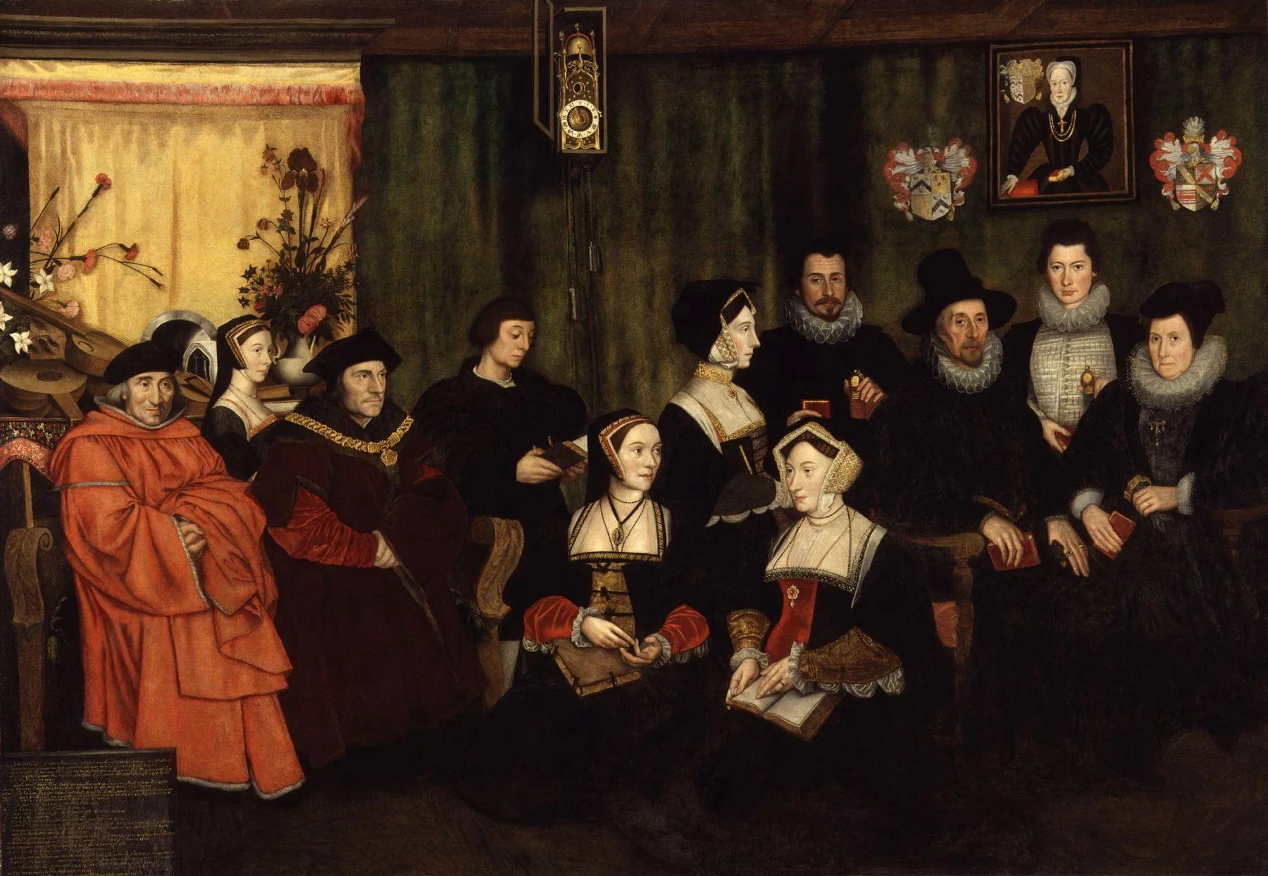 Die Familie von Thomas Morus, Zeichnung von Holbein (links), ca. 1527, gemalt von Rowland Lockey (rechts) nach Holbeins Entwurf, 1593. Holbeins Original wurde 1752 in einem Feuer zerstört.