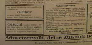 “Wanted: foreign weeds … cruciferous plants preferred” (the German term contains the word for swastika (Hakenkreuz). Excerpt from the Fasnachtszeedel (flyer) distributed by the Alti Stainlemer clique in 1933.