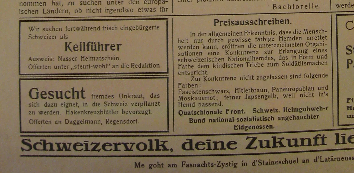 «Gesucht fremdes Unkraut … Hakenkreuzblütler bevorzugt». Ausschnitt aus dem Fasnachtszeedel der Clique Alti Stainlemer von 1933.