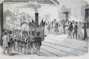 Fête d’inauguration de la première gare de Suisse. Bâle, le 11 décembre 1845. Illustration extraite du magazine «L’Illustré», Paris.