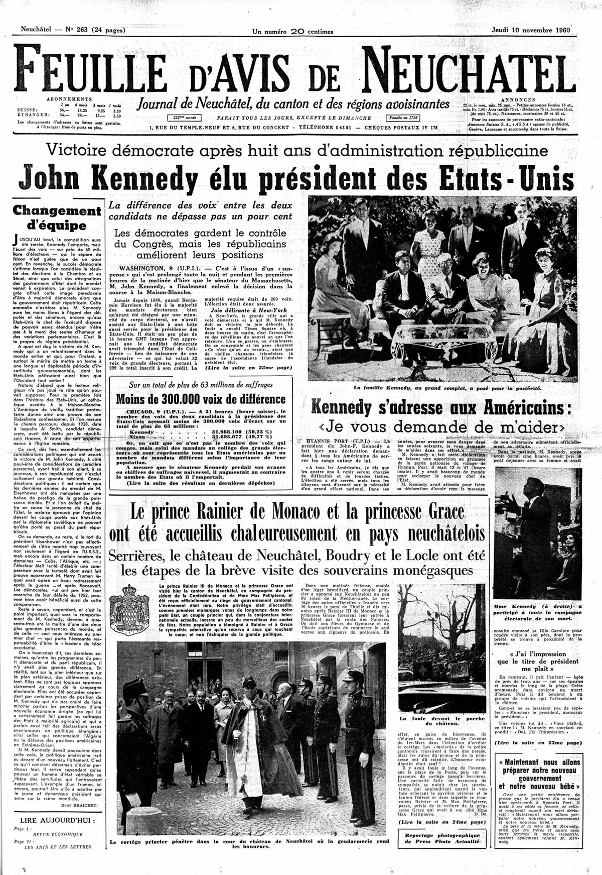 Die Familie Kennedy und das Fürstenpaar von Monaco teilten sich die Titelseite des Feuille d'Avis de Neuchâtel vom 10. November 1960.