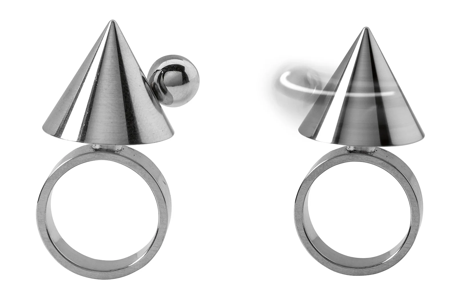 Fingerring mit Ringkopf in Kegelform, mit verborgenem Mikro-Kugellager beweglich befestigt, 1972 / 1999.