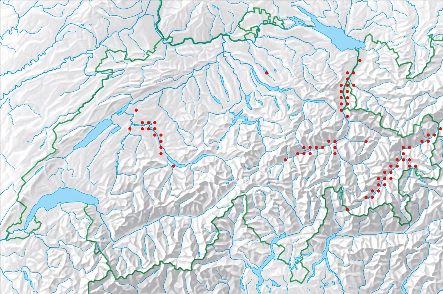 Seit einigen Jahren werden in der Schweiz wieder Fischotter gesichtet. Die Karte zeigt die Orte, an denen zwischen 2020 und 2025 Tiere gesichtet wurden.
