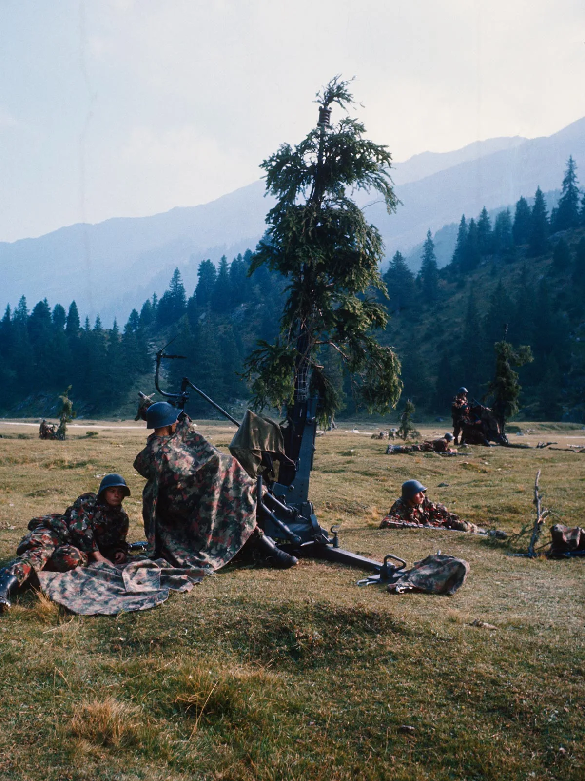 Soldaten an einer 20-mm-Fliegerabwehrkanone im Gebirge, 1966. Sie tragen den Kampfanzug 57. Tarnstoffe und natürliche Vegetation helfen, Stellung und Ausrüstung im Gelände zu verbergen.