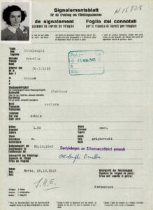 Datenblatt von Ornella Ottolenghi für den schweizerischen Flüchtlingsausweis, 1943.