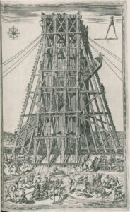 In a volume dating from 1590, Domenico Fontana documents his strategy for erecting the Vatican obelisk. Note the large number of people, horses and material required to move the obelisk.