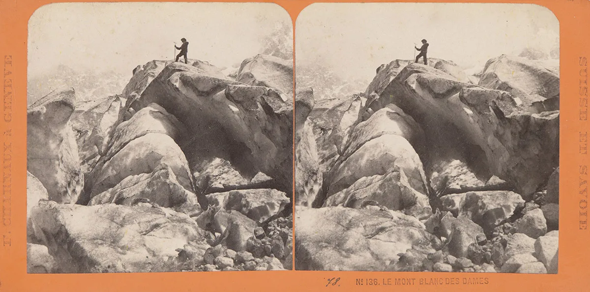 Bergsteiger auf dem Gletscher des Mont Blancs. Stereofotografie, um 1860.