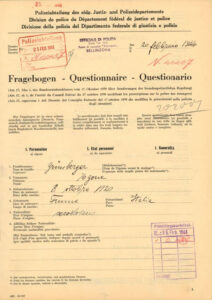 Fragebogen beantwortet von Egon Gruenberger nach dem zweiten, erfolgreichen Versuch, in die Schweiz einzureisen. Bellinzona, 20.2.1944.