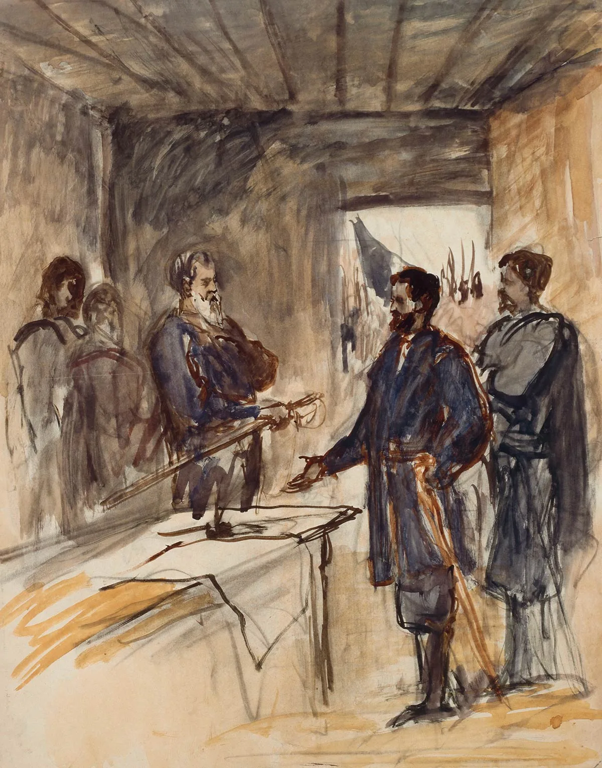 Buchsers Entwurf eines Wandbildes für das Bundesratshaus in Bern, 1869. Der Maler wollte die Kapitulation von General Robert E. Lee, welche 1865 in Virginia stattgefunden hatte, festhalten.