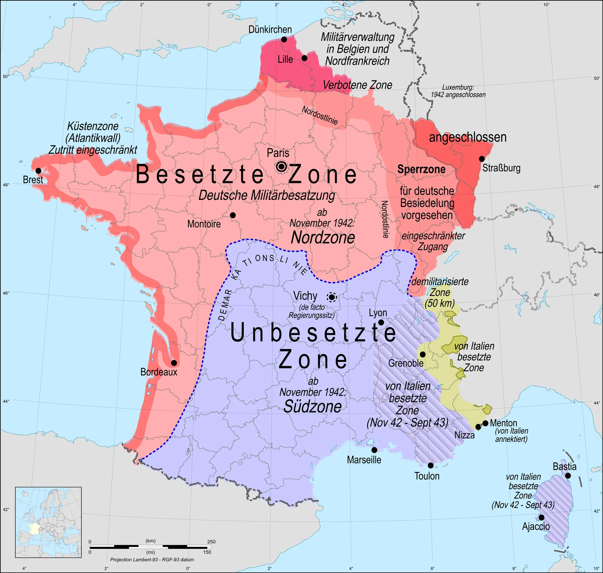 Die Zonen in Frankreich nach dem Waffenstillstand 1940.