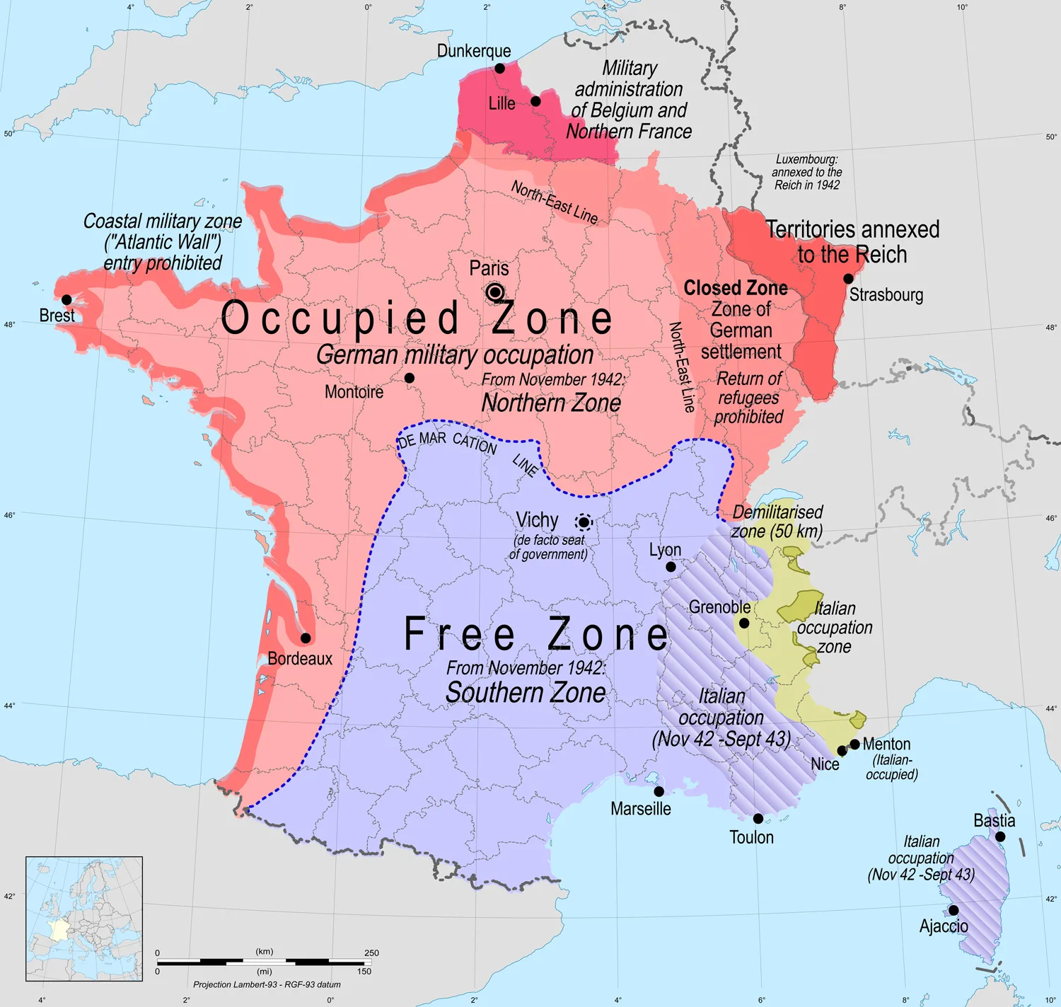 The zones of France after the 1940 armistice.