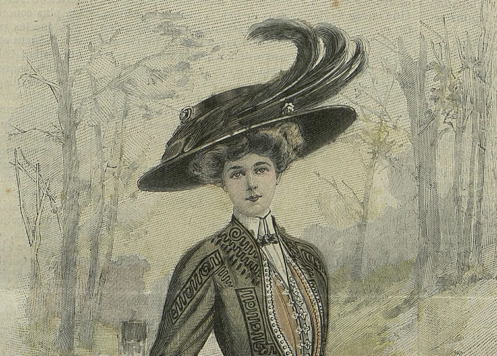 Frau mit grossem, dekoriertem Hut im Modemagazin «La Mode illustrée» vom 15 November 1908.