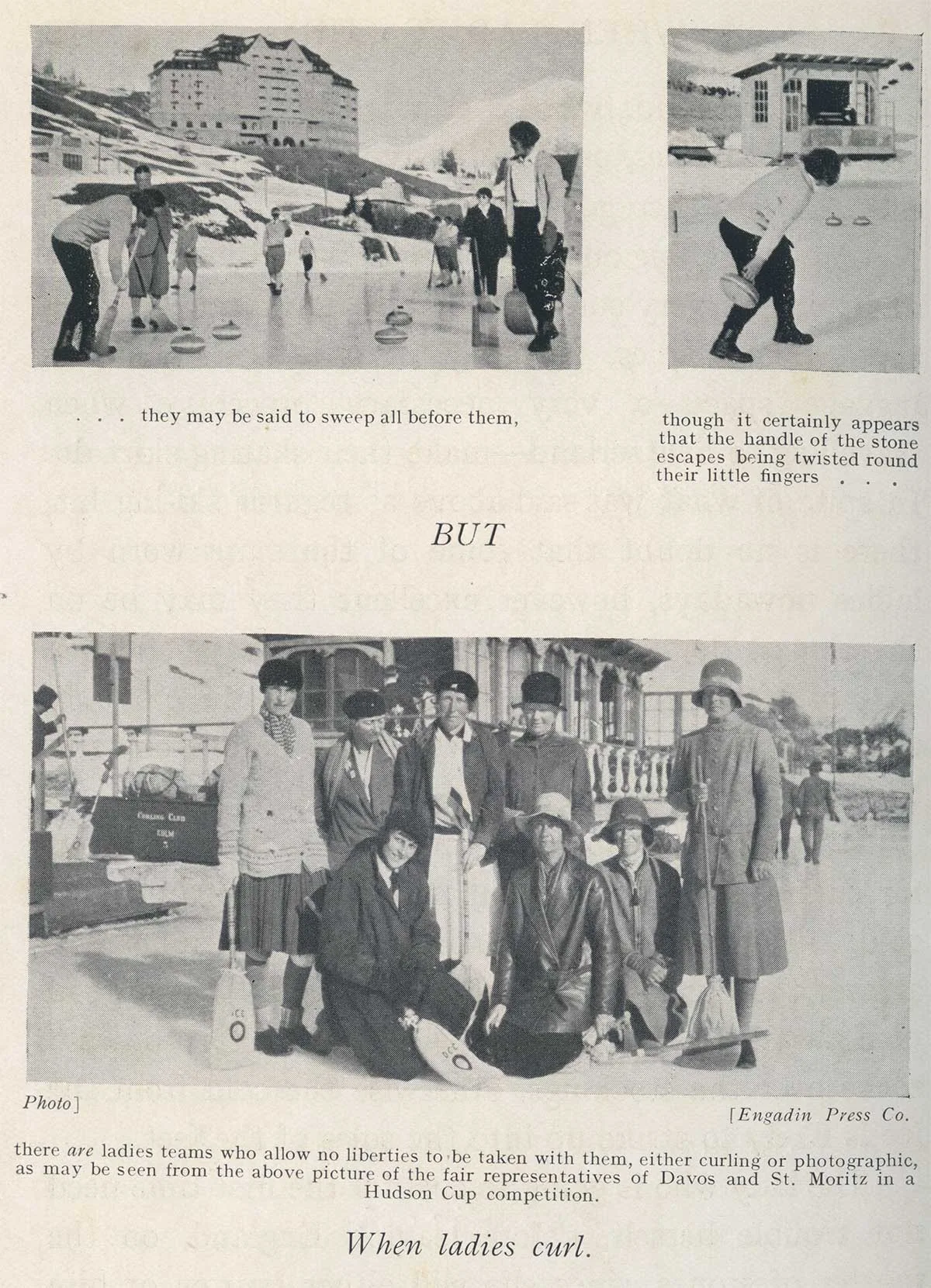 ‘When ladies curl’: Fotoreportage über curlingspielende Touristinnen in Arthur Noel Mobbs’ ‘Curling in Switzerland’ von 1929.