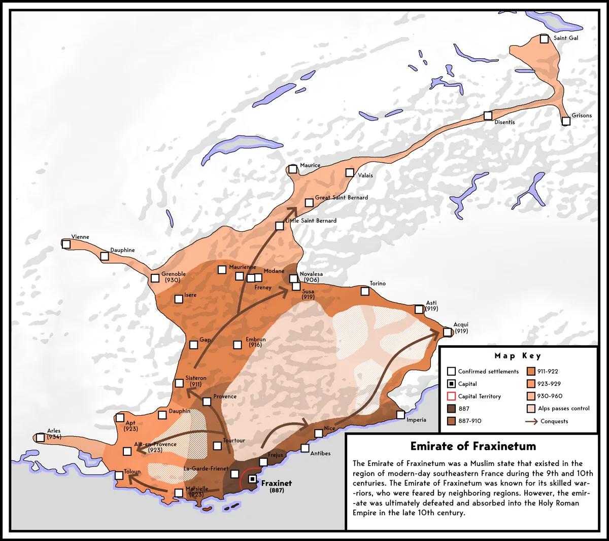 Map depicting the emirate of Fraxinetum with settlements and dates.